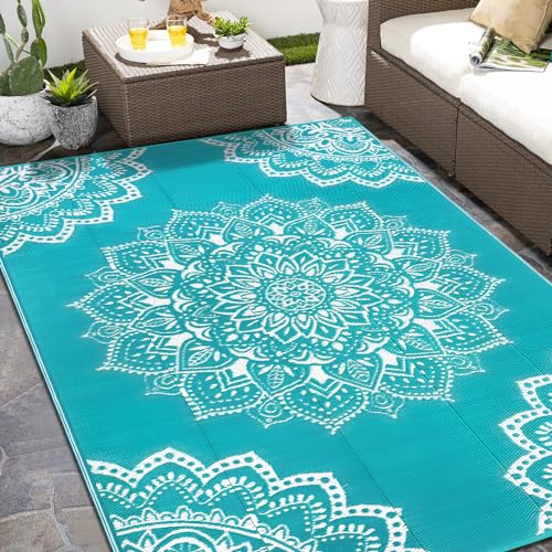 Yamaziot Waterproof Outdoor Rug 6x9 ft, Reversible Plastic Straw Rug for Patio Clearance, Camping, RV Mat, Large Outside Rug Carpet for Porch, Deck, Backyard, Balcony, Picnic (Blue) - color: Blue, size: 6' x9'