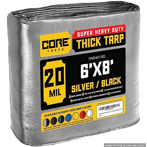 Core Tarps Extreme Heavy Duty 20 Mil Tarp Cover, Waterproof, UV Resistant, Rip and Tear Proof, Poly Tarpaulin with Reinforced Edges for Roof, Patio, Pool, Boat (Silver/Black 6′ X 8′) - color: Silver/Black-20 Mil, size: 6′ X 8′