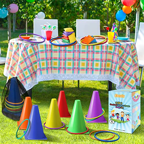 Eocolz 3 in 1 Carnival Games Set, Soft Plastic Cones Bean Bags Ring Toss Games for Kids Birthday Party Outdoor Games Supplies Combo Set - color: purple
