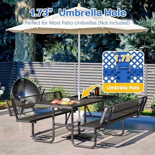 72" Rectangular Metal Picnic Tables for Outdoors with Backrest Seats Umbrella Hole - Coated Steel Heavy Duty Commercial Grade Table, Patio Rectangular Furniture Set for a Lifetime, Blue - color: Blue-backrest