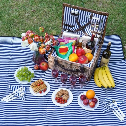 Picnic Basket for 4 Persons - Baskets with Cooler and Picnic Blanket, Classical Wicker Picnic Basket with Waterproof & Sand-Proof Beach Mat,Willow Hamper Service Gift Set - size: 15.53" for 4 Persons With Cooler