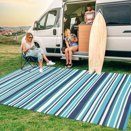 GarveeHome 9x18 Outdoor Rug Geometric Reversible Plastic Straw Outdoor Rugs Colorful Striped Outdoor Carpet UV Resistant Portable Large Modern Rug for Camping Beach Porch RV Deck, Navy Blue Teal - color: Geometric Stripes| Navy Blue Teal, size: 9' x 18' (