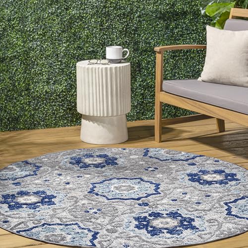 JONATHAN Y Mediterranean Medallion Indoor Outdoor Round Area Rug 5 Ft Blue/Gray, Boho for Backyard, Patio, Porch, Easy-Cleaning, High Traffic, Pet-Friendly, Non-Shedding (AMC101A-5R) - size: 5'3" (Round)