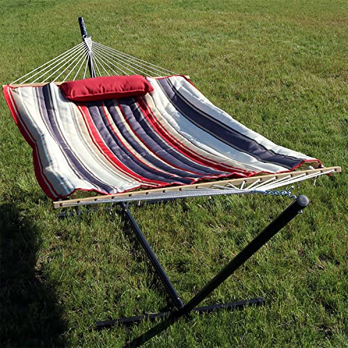 Sunnydaze Rope Hammock with Stand for Outside - Heavy Duty Freestanding Portable Outdoor Hammock Set with Quilted Pad, Pillow, and 12-Foot Steel Frame - 275 lb Capacity - Modern Lines - color: Modern Lines
