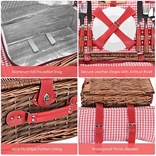 Wicker Picnic Basket Set, Large Handmade Willow Basket for 4 People with Waterproof Picnic Blanket, Insulated Thermal Compartment with Cutlery Suitable for Picnic and Camping