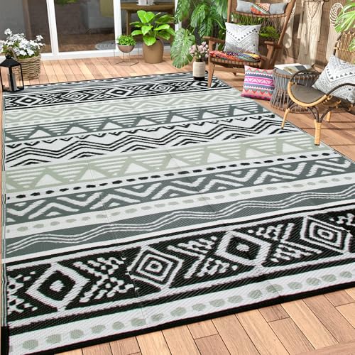 Lahome Outdoor Rug 8x10 Patio Waterproof, Reversible Outdoor Plastic Straw Rug for Camping, RV Patio Rugs Outside Large Carpet for Porch Deck Backyard Picnic(Grey/Black,8'x 10') - color: Black/Grey, size: 8'x10'