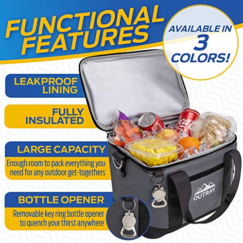 Collapsible Insulated Cooler Bag – 6L Thermal Lunch Bag with Bottle Opener, 16 Can Capacity – Perfect For Camping, Picnics and Travel - Handles and Removable Shoulder Strap - By Outrav - color: Grey with Black Trim