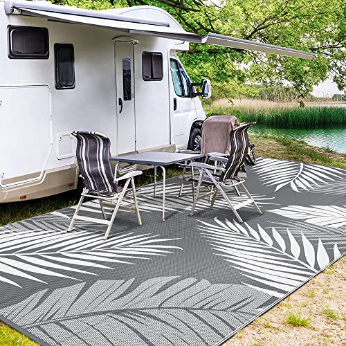 GENIMO Outdoor Rug 9' x 18' Waterproof for Patios Clearance, Reversible, Plastic Straw Camping Rug Carpet, Large Area Rugs Mats for RV, Picnic, Backyard, Deck, Balcony, Porch, Beach, Grey&White - color: Grey & White | Waterproof, size: 9' x 18' (Rectangul