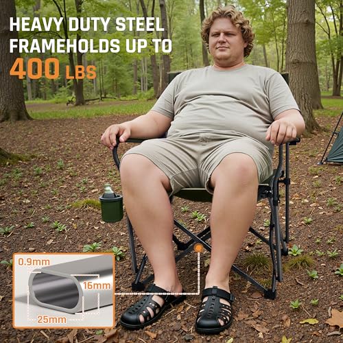 Oversized Folding Camping Chairs for Adults Heavy Duty Camp Chair Support 400 LBS Steel Frame Metal Arm Lawn Chairs with Swivel Cup Holder & Hollow Backrest Extra Large Outdoor Chairs Green - color: Green