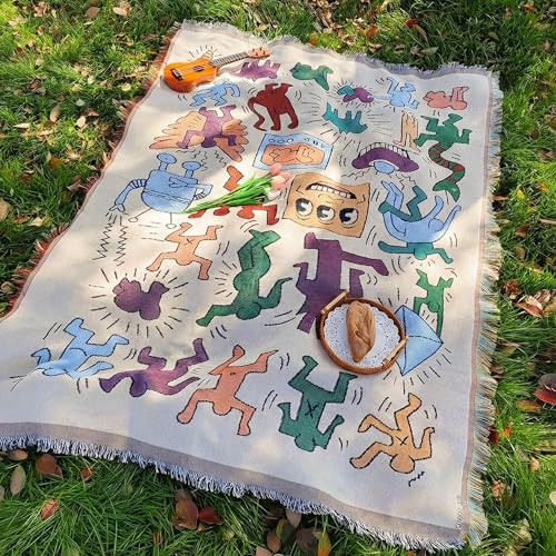 White Picnic Blanket, Extra Large Soft Cotton Gauze Picnic Rug 71"x71", Lightweight Breathable Blanket, Machine Washable for Beach, Camping, Park, Couples (Vibrant Doodles - No Straps) - color: Vibrant Doodles