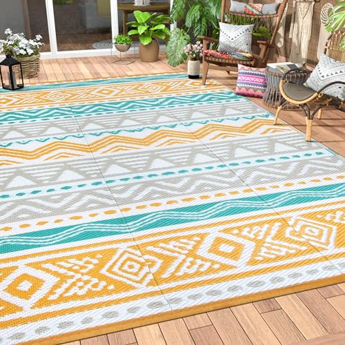 Lahome Outdoor Rugs 8x10 Waterproof, Reversible Outdoor Plastic Straw Rug for Camping Patio, RV Outdoor Rugs Outside, Outdoor Carpet for Porch Deck Backyard Picnic(Blue/Yellow,8'x 10') - color: Blue/Yellow, size: 8'x10'