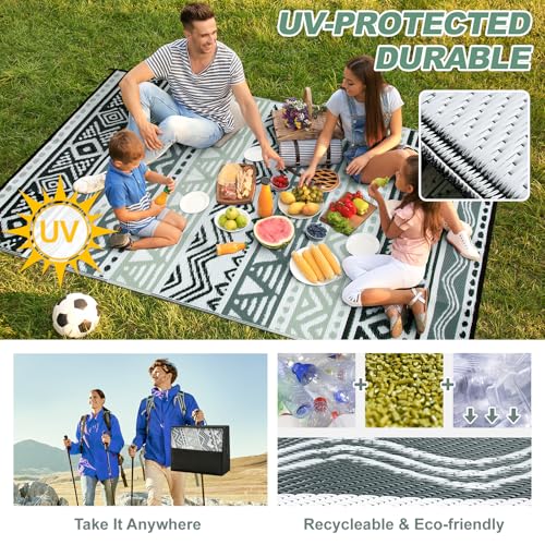 Lahome Outdoor Rug Waterproof, 5x8ft Reversible Outdoor Plastic Straw Rug for Camping, RV Patio Rugs Outside Carpet for Porch Deck Backyard Balcony Picnic(Grey/Black,5'x 8') - color: Black/Grey, size: 5'x8'