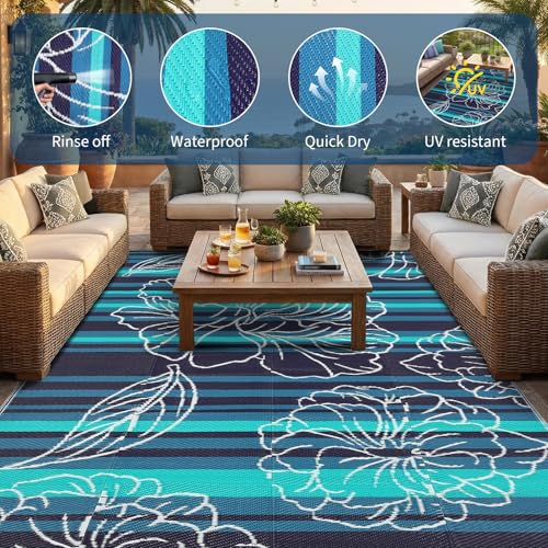 Garvee 6x9 Outdoor Waterproof Rug, Floral Outdoor Area Rug，Reversible Plastic Straw Patio Rug, Portable Camping Mat for RV, Picnic, Beach, Balcony, Garden & Camping Black&Blue - color: Blackblue, size: 6' x 9' (Rectangular)