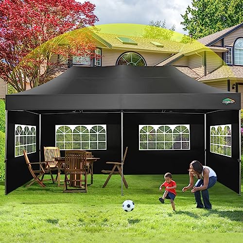 COBIZI 10x20 Canopy with Sidewalls, Heavy Duty Party Tent Pop up Canopy, Tents for Parties, Wedding, Outdoor Easy up Foldable Portable Canopy Tent with Wheeled Bag, Black(Windproof Upgrade) - color: Black, size: 10x20 With Sidewalls