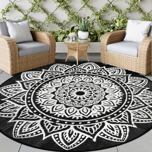 famibay Round Outdoor Rugs for Patios 8ft Boho Plastic Outdoor Rug Waterproof Reversible Circle Outside Rugs Lightweight Portable All Weather Outdoor Carpet for Patio Backyard Porch(Black and White) - color: Black/White, size: Round 8ft