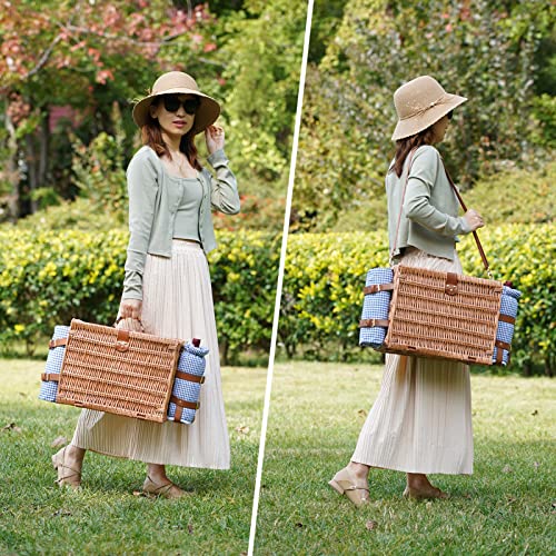 Picnic Baskets for 2, Picnic Basket with Waterproof Blanket, Picnic Basket Set with Washable Beach Mat & Large Insulated Cooler Compartment, Handmade Natural Wicker Hamper for Camping, Outdoor Party - style: BlueCheck-2P