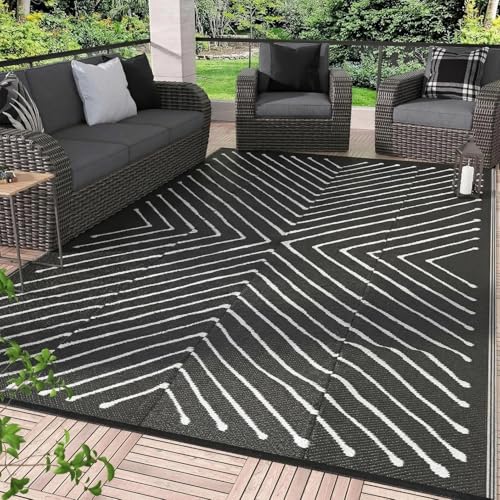 Garvee 9x12 Striped Extra Large Outdoor Waterproof Rug, Reversible Modern Patio Carpet for RV, Deck, Backyard, Porch, Balcony, Beach, Garden, Outdoor Camping Mat, Black&White. - color: Blackwhite, size: 9' x 12' (Rectangular)