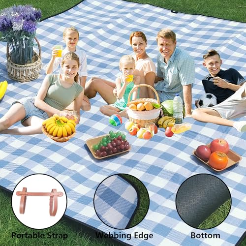 79”x79” Picnic Blanket Extra Large, Waterproof and Foldable Beach Blanket, 3-Layer Outdoor Blanket for 6 to 8 Adults, for Camping, Park, Beach, Grass, Indoors - color: Blue and White Grids