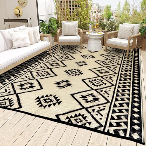 LILIOFFIC Outdoor Rug Waterproof 5x8 ft Outdoor Carpet Patio Rug Mat Reversible RV Camping Rug Plastic Straw Rug Outside Outdoor Area Rug for Patio Deck Balcony Backyard Picnic Beach Black & Beige - color: 01/Black & Beige, size: 5' x 8' (Rectangular)