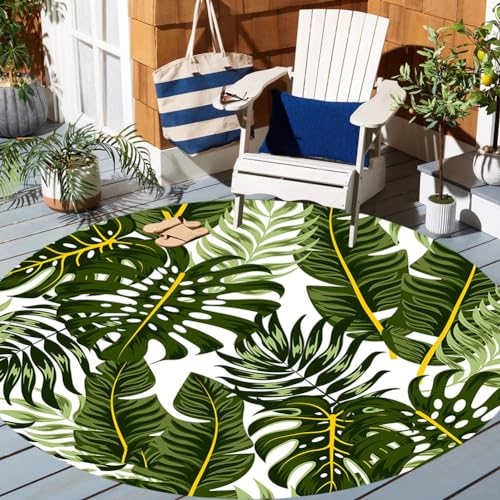 Deep Green Yellow Boho Floral Waterproof Indoor Outdoor Area Rug 2' Jungle Tropical Round Rug for Patio Balcony Deck Porch Camping Washable Outside Carpet - color: B, size: 2ft