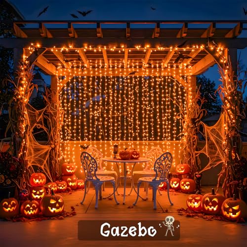 suddus Color Changing Curtain Lights for Halloween, 200 LED 6.5ft x 6.5ft Hanging String Lights with USB, Curtain Fairy Lights Indoor for Bedroom Wall, Party, Porch, Holiday, Purple and Orange - color: Purple & Orange, size: USB-200 LED