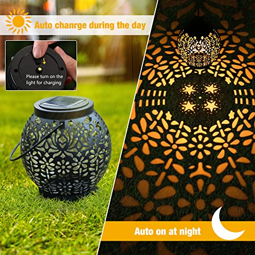 Brizled Solar Lantern Lights, 2 Pack Outdoor LED Hanging Lantern Lights with Star Projection, Warm White Solar Garden Lighting Retro Table Lanterns Light Waterproof for Garden Patio Courtyard Path - size: 2 Pack, style: Retro Hollow Lantern Lights