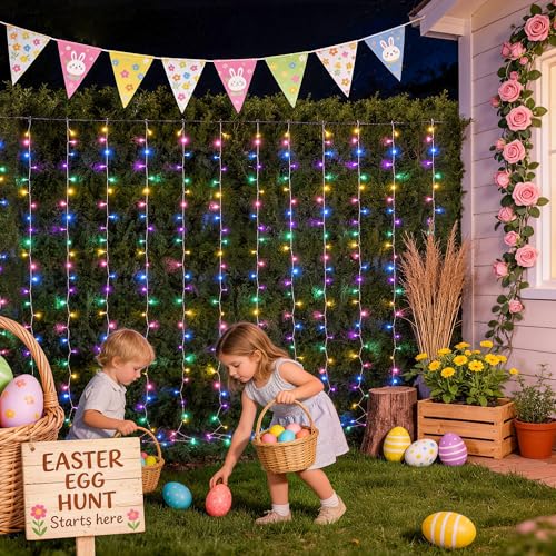 JMEXSUSS 300LED Easter Decorations Curtain Lights with Remote, 9.8x9.8ft Easter Sting Lights Plug in for Bedroom Wall Window Party Backdrop Porch Patio Garden Yard Indoor Outdoor Decor - color: Easter Color, size: 300 LED