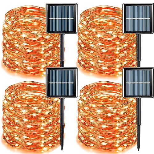 YEGUO Orange Solar Thanksgiving Lights Outdoor Waterproof, 4 Pack Each 33ft 100 LED Solar Fairy Lights, 8 Modes Solar String Lights - color: Orange