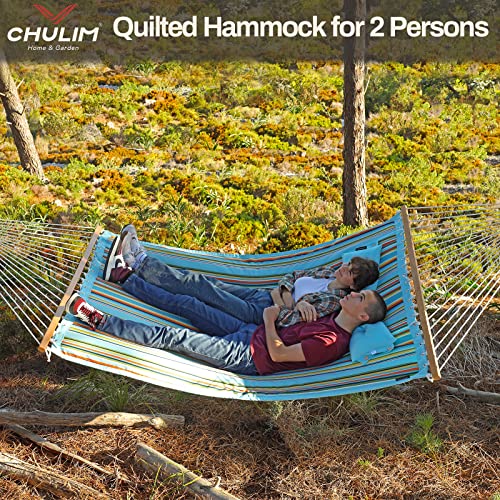 CHULIM 12 FT Double Quilted Fabric Hammock with Spreader Bars and Pillow 450 LBS Weight Capacity 2 Person Hammock for Outdoor Patio Backyard Poolside Blue Stripes - color: Blue Stripes