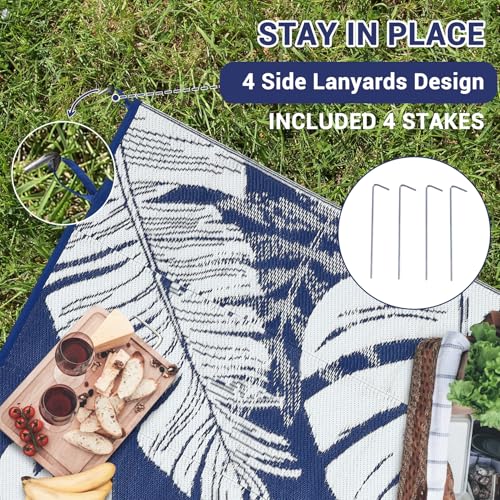 Outdoor Rug 10x20 Patio Waterproof, Foldable Reversible Outdoor Plastic Straw Rug Modern Palm Leaf Mat for Camper Outside Carpet for Rv, Deck, Porch, Picnic, Beach, Balcony, Navy - color: Leaf|navy&white, size: 10' x 20' (Rectangular)