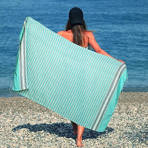 HILLFAIR Cotton Turkish Beach Towels, Quick Dry Lightweight Sand Free Peshtemal Towel for Bath Swim Yoga Pool Travel, Beach Accessories, Oversized Cotton Turkish Towel (39 x 72 inch- 4 Pack Aqua Grey) - color: Aqua Grey, size: 39 x 72 inch ( Beach towel -