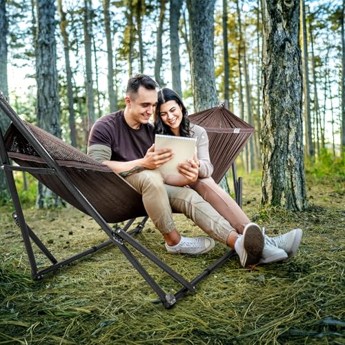 Tranquillo Universal Double Hammock with Stand Included for 2 Persons/Foldable Hammock Stand 600 lbs Capacity Portable Case - Inhouse, Outdoor, Camping, Brown - color: 1. Brown
