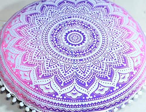 CRAFT KALA Round Mandala Boho Pillow Cover Meditation India Room Seating Poufs Cover for Living Room Yoga Room Home Décor Bedroom Balcony Garden Decoration Cotton Floor Cushion Cover (22", Pink Ombre) - color: Pink Ombre, size: 22"