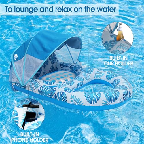 COOLCOOLDEE Pool Lounge Float with Canopy UPF50+,Extra Large Pool Floats for Adults Heavy Duty,Inflatable Lounger Float with Cup Holder & Backrest,Footrest - color: Blue