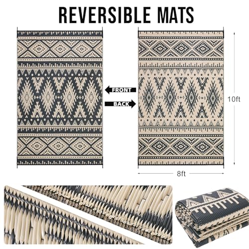 OLANLY Outdoor Rug Waterproof 8x10 ft, Reversible Outdoor Plastic Straw Rug, Boho Patio Rug, Indoor Outdoor Carpet, RV Mat Outside for Patio, Camp, Picnic, Balcony, Deck, Backyard, Black & Beige - color: Black & Beige, size: 8' X 10' (Rectangular)