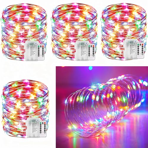 33Ft String Lights Battery Operated with Remote Control Timer, 100LED 4 Pack Waterproof 8 Modes Copper Wire Twinkle Fairy Lights for Bedroom Indoor Outdoor Wedding Dorm Christmas Decorations - style: 33ft, Multicolor