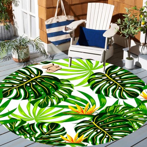 White Green Leaves Montera Palm Botanical Round Indoor Outdoor Area Rug for Balcony Deck Pario Porch Camping Tropical Rug 5' Waterproof Outside Carpet - color: D, size: 5ft