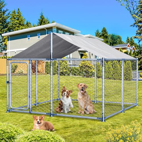 7.5ft×7.5ft Large Metal Dogs Kennels Outdoor,Waterproof Anti-Ultraviolet roof Cover Galvanized Steel Cage Fence Playpen with Lockable Door (90" D×90" W×63" H) - size: 90"D×90"W×63"H