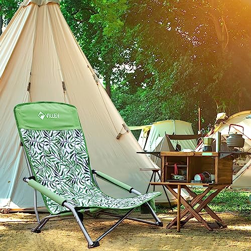 VILLEY Low Beach Chair, High Back Folding Beach Chair for Adults, Lightweight and Portable for Outdoor, Beach, Camping, Lawn, Music Festival, with Cup Holder and Carry Bag-Green Tropical Leaves - color: Green Tropical Leaves