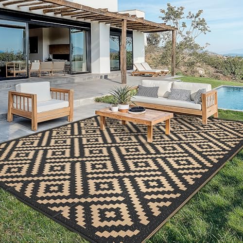sarben Outdoor Rug for Patio - Waterproof Plastic Straw Camping Rugs 10x14 ft, Reversible Outdoor Indoor RV Mat Carpet for Patio, Porch, Deck, Balcony, Picnic, Beach, Black Brown - color: Black&brown, size: 10' x 14' (Rectangular)