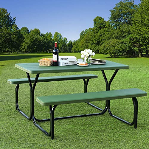 Hysache Picnic Table Bench Set, Patio All Weather Metal Base Camping Table Set w/Wood Texture Tabletop, Steel Frame, Large Camping Picnic Tables for Backyard Poolside Garden Patio Lawn (Green) - color: Green