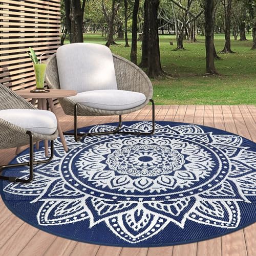 famibay 6 Ft Round Boho Outdoor Plastic Straw Rug, Waterproof, Portable, Reversible, UV-Resistant, Patio, Porch, Camping, Dark Blue - color: Dark Blue, size: Round 6ft