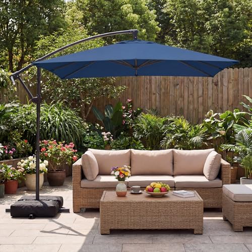Tangkula 8x8 FT Patio Umbrella with Base Included, Square Offset Cantilever Outdoor Umbrella with 360 Degree Rotation, Crank Handle, Sandbags, 8 Ribs for Pool Deck Garden Backyard - color: Navy, size: 8 FT