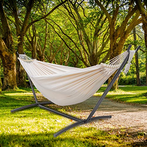 SZHLUX Double Hammock with Stand Included 450lb Capacity Steel Stand, Premium Carry Bag Included.Indoor Outdoor Brazilian-Style Cotton Bed for Backyard, Camping,Garden, Beige - color: Beige