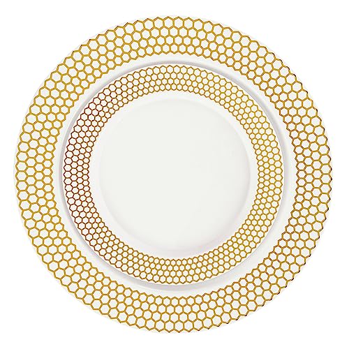 PLASTICPRO 32 Pack Elegant Disposable Plastic Plates Combo Set Includes 16 Dinner Plates and 16 Salad Plates Heavy Duty Fancy Party Plates White & Gold Honeycomb Design - color: White & Gold Honeycomb