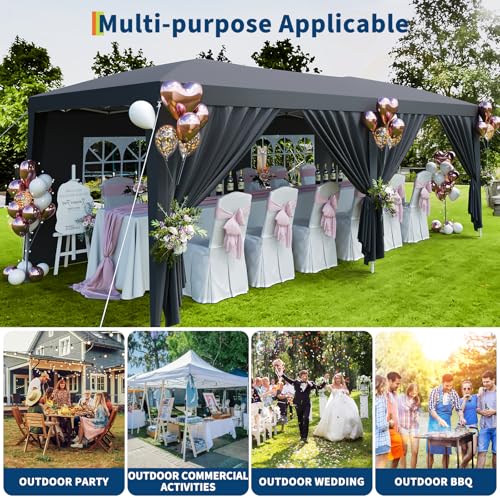 GarveeLife 10x20 Heavy Duty Pop Up Canopy Tent with 6 Removable Sidewalls, Easy Up Commercial Canopy Tents for Parties, Large Outdoor Canopies with 3 Adjustable Heights, Stakes X18, Ropes X6, Grey