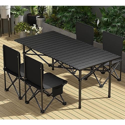 RUANLOV Folding Dining Table Set, Picnic Table Portable with Carry Bag, Folding Camping Table, Roll up Aluminum Table for Outdoor Beach Tailgating (A 120cm with 4 Chairs) - color: A
