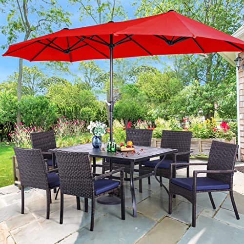 PHI VILLA 7 Piece Patio Dining Set with Umbrella, 60” Rectangular Metal Dining Table & 6 Cushioned Rattan Wicker Chairs & 13ft Large Red Umbrella for Outdoor, Deck, Yard, Porch - color: Red, size: 7 PCS 60" Steel Table