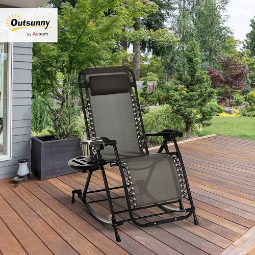 Outsunny Outdoor Rocking Chairs, Foldable Reclining Zero Gravity Lounge Rocker with Pillow, Cup & Phone Holder, Combo Design with Folding Legs, Gray - color: Grey, size: 1 Pack