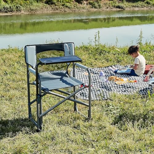 Portal Folding Director Chair with 2-Way Rotating Side Table, Heavy Duty 300 lb Camping Chair with Swivel Tray & Cup Holder, Ergonomic Mesh Back Portable Outdoor Seat for RV, Tailgating & Lawn, Grey